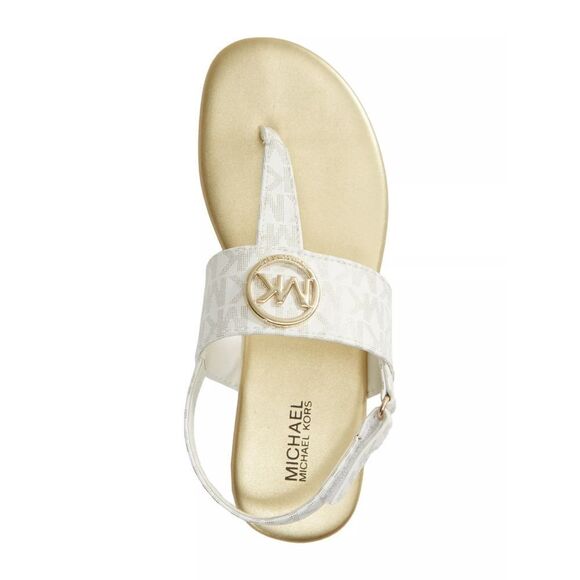 New! MICHAEL KORS Girls Marlie MK Logo T-Strap Sandals Shoe NWOB White Soft Gold - Picture 3 of 13